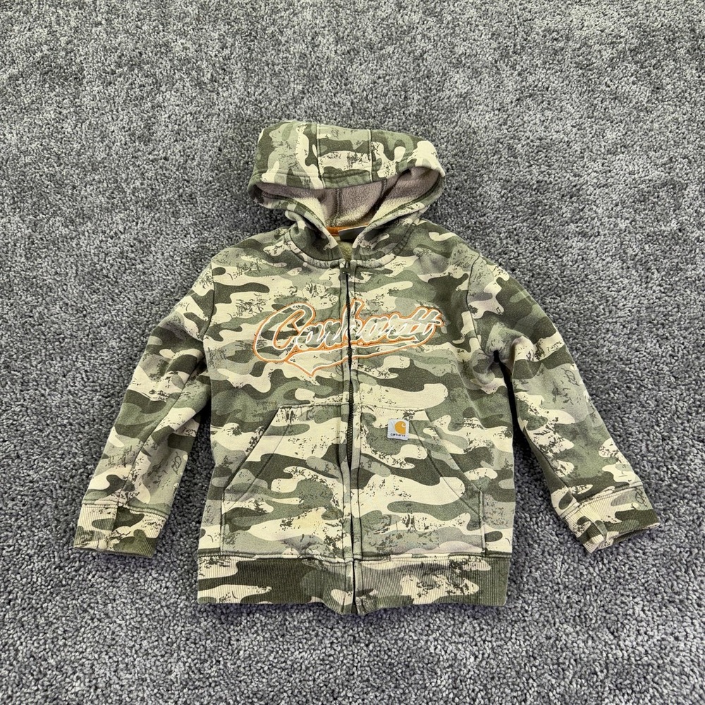 Carhartt Jacket Boys 4T Green Camo Hooded Fleece Lined Full Zip Logo Winter